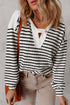 Textured Stripe Notched Button Tab V Neck Drop Shoulder Long Sleeve Top